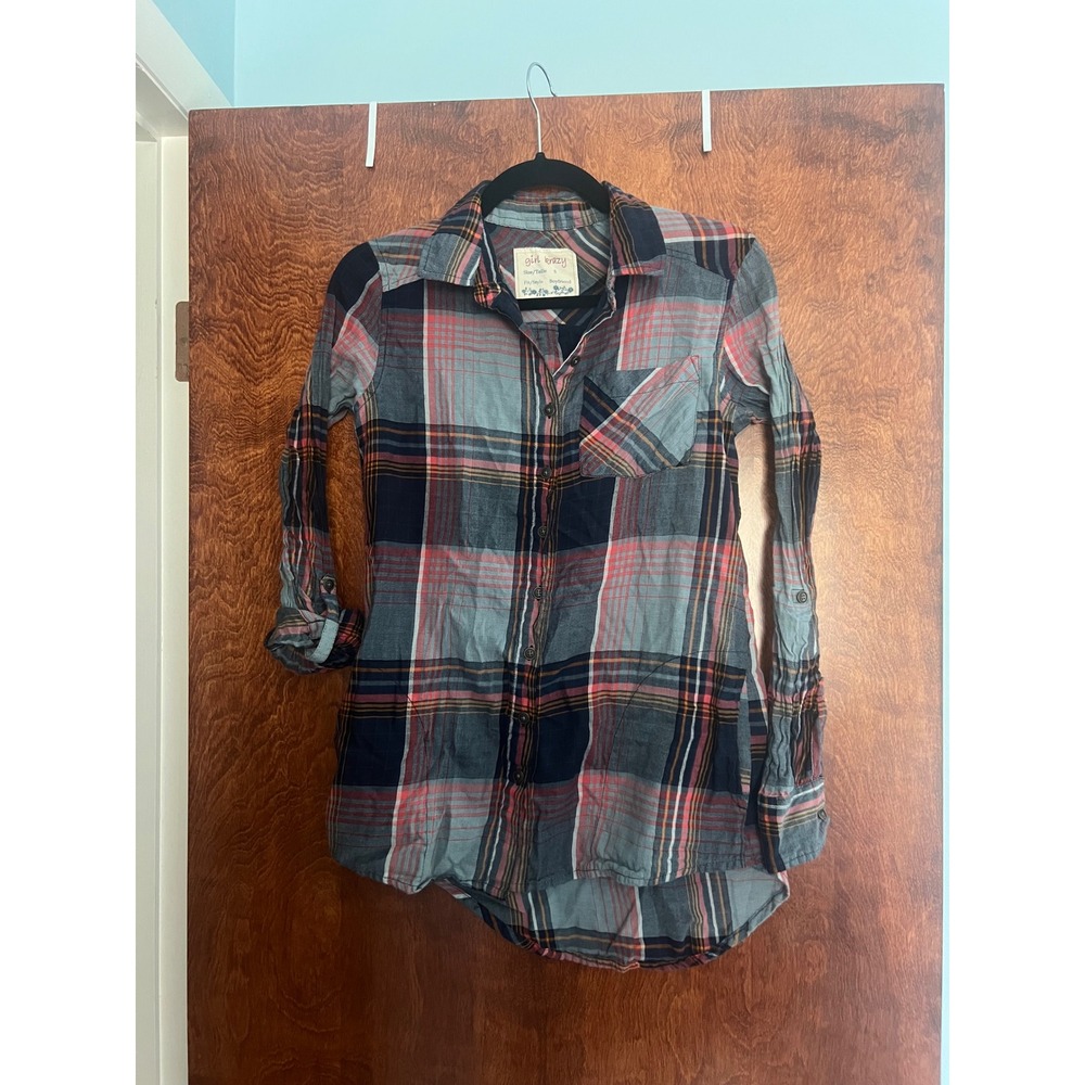 Girl Krazy Plaid Flannel Shirt Womens Small Blue Red Boyfriend Button Down